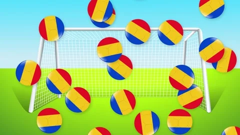 Falling Soccer Balls with Romanian Flag Colors Over Goal Post Stock Footage 341066302