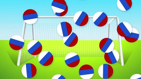 Falling Soccer Balls with Russian Flag Pattern Over Goal Post Stock Footage 341461742