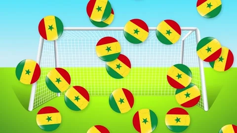 Falling Soccer Balls with Senegal Flag Pattern Over Goal Post Stock Footage 342101719