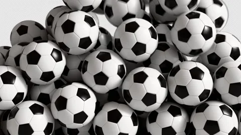Falling Soccer Balls Transition Animation with Alpha channel. 3D rendering Stock Footage 312801674