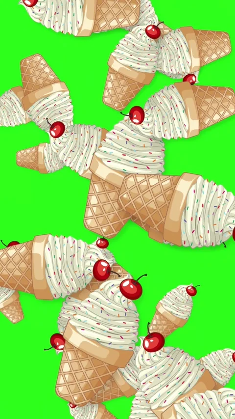 Falling Soft Serve Ice Cream Cones with Cherries on Green Screen Stock Footage 342317836