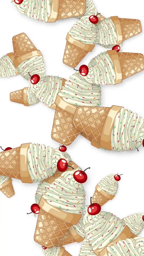 Falling Soft Serve Ice Cream Cones with Cherries on White Background Stock Footage 342489041