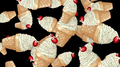 Falling Soft Serve Ice Cream Cones with Cherries on Black Background Stock Footage 346569755