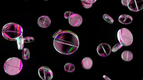 Falling specular pills in slow motion on black isolate background. 3d animation Stock Footage 268442194