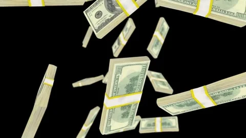 Falling Stacks of 100 US Dollar Bills on Black Screen, 4K Animation Stock Footage 320451776