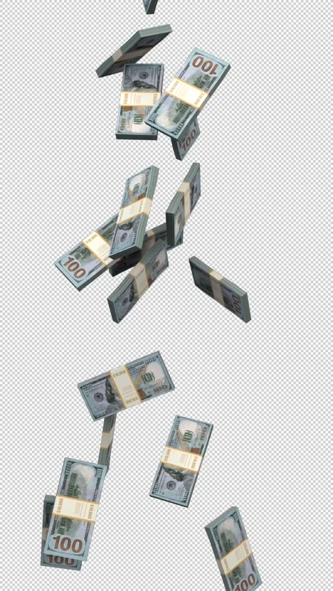 Falling stacks of dollars – 3d render looped with alpha channel. Видео 340474590