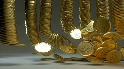 Falling stacks of golden dollar coins Stock Footage 101402776