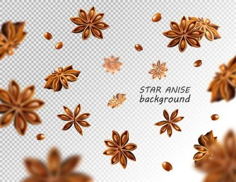 Falling star anise background. Flying star aniseed on a white backdrop. Illustrazione stock