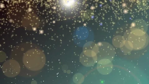 Falling star shower bokeh spots and lens flare on teal gradient Stock Footage 253431117