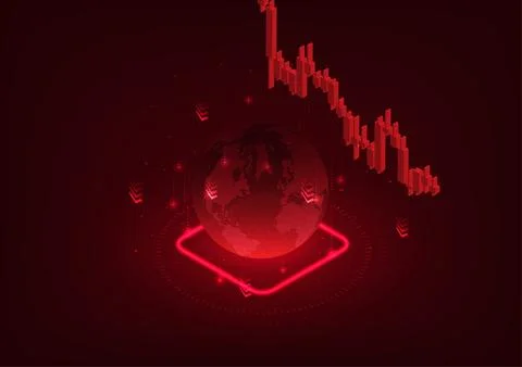 Falling stock chart with a red globe indicates the volatile global market s.. イラスト素材