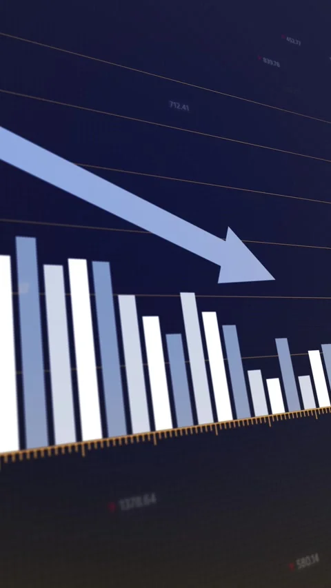 Falling stock market graph on dark background, downtrend bar chart and arrow  Video stock 303401664
