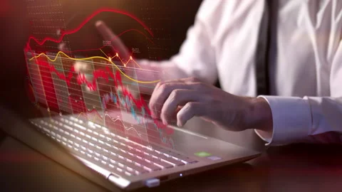Falling stock prices and data analysis in holographic infographics. Stock Footage 234866875