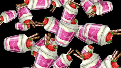 Falling Strawberry Dessert Cups Animation on Black Background Stock Footage 343471701