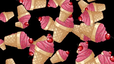 Falling Strawberry Ice Cream Cones with Cherries on Black Background Stock Footage 342467889
