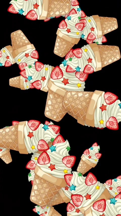 Falling Strawberry Ice Cream Cones Animation on Black Background Stock Footage 345300861