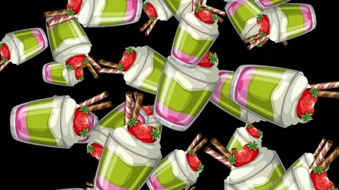 Falling Strawberry Matcha Parfait Dessert Animation on Black Background Stock Footage 344231129