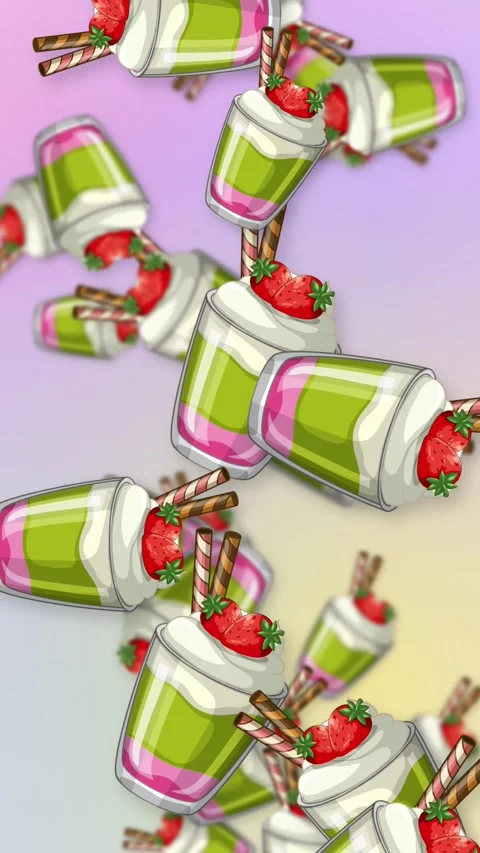 Falling Strawberry Matcha Parfait Desserts on Pastel Mesh Background Stock Footage 343820093