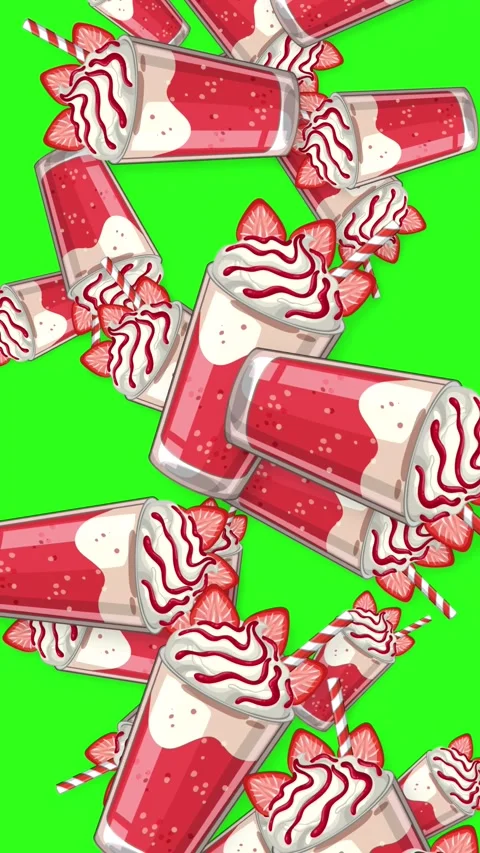 Falling Strawberry Milkshake and Dessert Cups on Green Screen Background Stock Footage 342320231