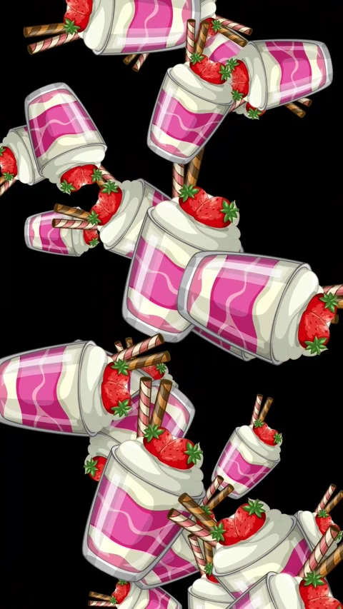 Falling Strawberry Parfait Dessert Cups Animation on Black Background Stock Footage 344377624