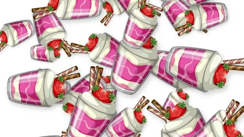Falling Strawberry Parfait Dessert Cups Animation on White Background Stock Footage 344714334