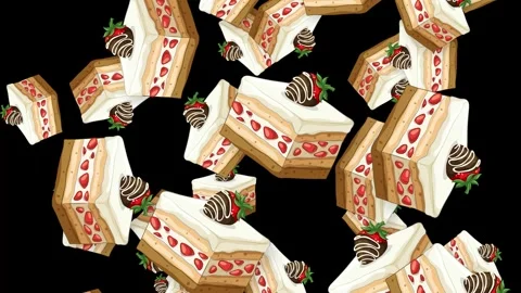 Falling Strawberry Shortcake and Chocolate Dipped Strawberry Animation on Black Stock Footage 344845536