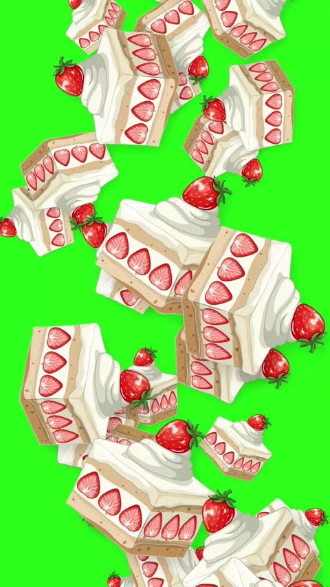 Falling Strawberry Shortcake Slices Animation on Green Screen Background Stock Footage 342320164