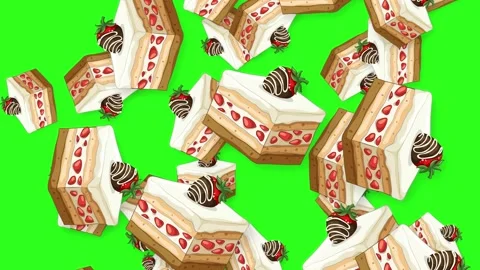 Falling Strawberry Shortcake Slices Animation on Green Screen Background Stock Footage 342470879