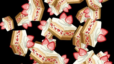Falling Strawberry Shortcake Slices Animation on Black Background Stock Footage 342923215
