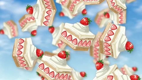 Falling Strawberry Shortcake Slices Animation Over Blue Sky Background Stock Footage 343472043