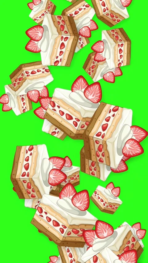 Falling Strawberry Shortcake Slices Animation on Green Screen Background Stock Footage 343836667
