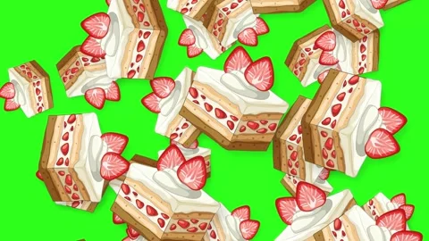 Falling Strawberry Shortcake Slices Animation on Green Screen Background Stock Footage 344231219