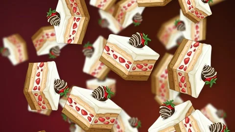 Falling Strawberry Shortcake Slices Animation on Dark Red Background Stock Footage 345297122