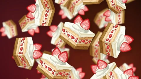 Falling Strawberry Shortcake Slices Animation on Dark Red Background Stock Footage 346569867