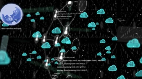 Falling streaks initiating clouds and nodes linking, lines glowing, grid Stock Footage 334743848