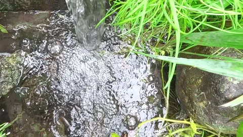 Falling stream splashing on surface creating bubbles and foam Stock Footage 317910244