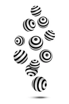 Falling stripped 3D spheres isolated on white background. Vector design elements 스톡 일러스트