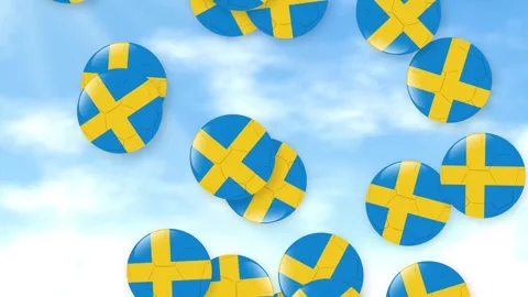 Falling Swedish Flag Badges Against a Bright Cloudy Sky Background Stock Footage 344833188