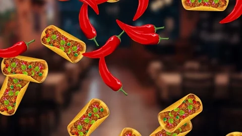 Falling Tacos and Red Chili Peppers Over Blurred Restaurant Background Vídeo Stock 339516191