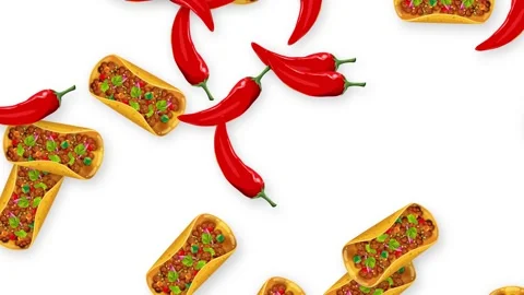 Falling Tacos and Red Chili Peppers Animation on White Background Stock Footage 344831302