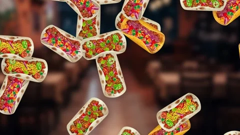 Falling Tacos Animation Over Blurred Restaurant Interior Background Stock Footage 340006696