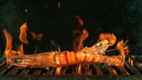 Falling Tiger Prawns on Cast Iron Grate Vídeos de archivo 241420589