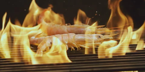 Falling Tiger Prawns on Grill Stock-Footage 247379358
