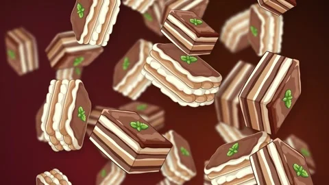 Falling Tiramisu and Chocolate Cake Slices on Dark Red Background Stock Footage 342316254