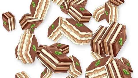 Falling Tiramisu Cake Slices Animation on White Background Stock Footage 342923255