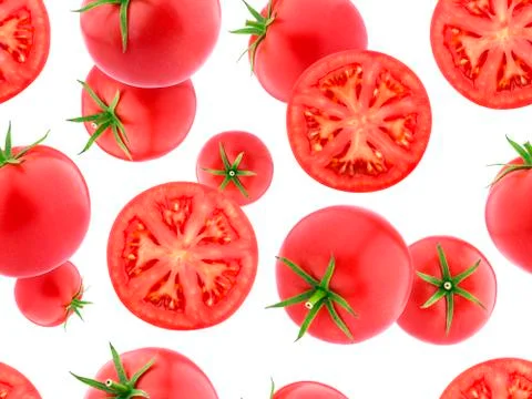 Falling tomatoes isolated on white background. Seamless Pattern wallpaper Stock Photos