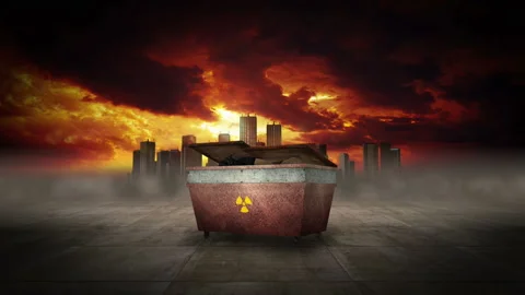 Falling Trash Dumpster. Radiation Symbol. Polluted City. 库存影片 271529736