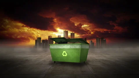 Falling Trash Dumpster. Recycle Symbol. Polluted City. 库存影片 271529775