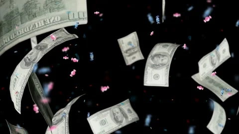 Falling US dollar banknotes and colorful confetti isolated on a black Stock Footage 344917869