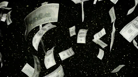 Falling US dollar banknotes on black background with golden glitter particles Stock Footage 345016773