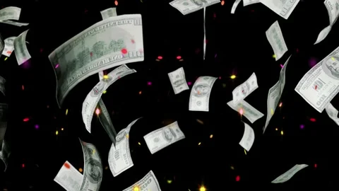 Falling US Dollar Banknotes with Glowing Bokeh Lights on Black Background Stock Footage 344917801